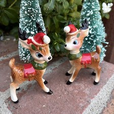 Vintage KREISS Christmas Reindeer Rudolph Santa Hat Ceramic Salt Pepper Set picture
