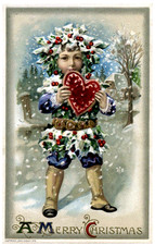 RARE~Winsch~Christmas~Boy in Holly Suit with Heart~Antique Fantasy Postcard~s590 picture