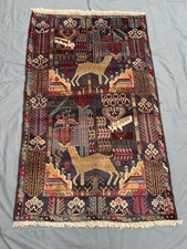 Navy Vintage Tribal Deer Pictorial Hand Knotted Wool Rug 3x5 Animal Wall Rug picture