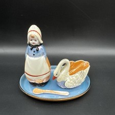 VTG Noritake Lusterware Dutch Girl-Pepper w Swan-Open Salt Cellar & Tray Set picture