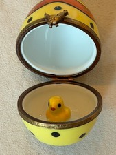 LIMOGES FRANCE BOX EASTER YELLOW POLKA DOT EGG CHICK INSIDE ~ PEINT MAIN picture