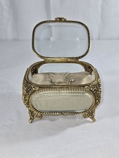 Antique Matson Vanity Trinket Box Casket Beveled Glass Gold Ornate Jewelry Rare  picture