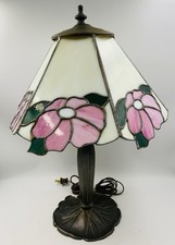 Vintage L&LWMC Tiffany Style Stained Glass  Pink Floral Brass Lamp picture