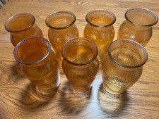 lot of 7 Vintage Jeannette Carnival Glass Vase Tree Bark Marigold Iridescent 7.5 picture
