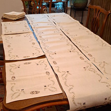Antique, Embroidered (3) Placemat, (2) Runner, (26) Napkin Set. Extraordinary picture