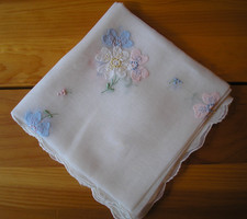 Vintage Madiera White Organdy Tablecloth Appliqued & Embroidered Flowers, 33x33