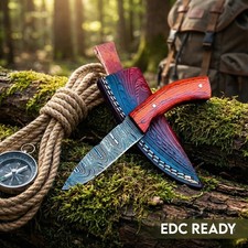 Custom Damascus Steel Mini Knife Fixed Blade EDC Skinner Red Wood Handle+ Sheath picture