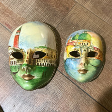 Pair Authentic Venetian Ceramic Wall Masks Hand Painted Scenic Venezia Signed It picture