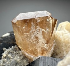 440 G Full Terminated Sherry Color Topaz Crystal, Smoky Quartz, Mica On Matrix. picture