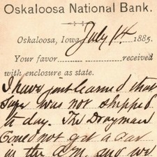 1885 Oskaloosa, IA National Bank Receipt Postal Card Drayman Shipping Invoice picture