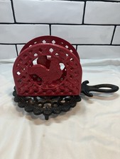 Vintage Red Cast Iron Rooster Napkin Holder Farmhouse Lattice Mail Letter Stand picture