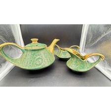 Pearl China Co Green 22kt Gold Hand Decorated Teapot Creamer Sugar Bowl Set MCM picture