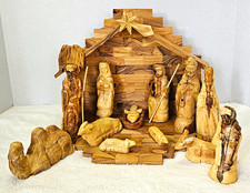 Vintage Bethlehem Olive Wood Nativity 13 Pc Hand Carved Stable Fold Down Base picture