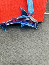 SeaWorld 2010 Blown Blue Swirl Glass Orca  Dolphin Ornament in box New picture