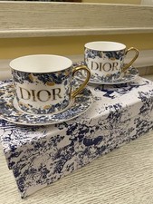 Dior Toile de Jouy Porcelain Mug Gold Handle Tea Cup Saucer Set of 2 Made France picture