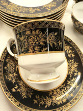 28pc Mikasa Crown Jewels Onyx A6704 & Adderley Black Gold Chintz Tea/Dessert Set picture