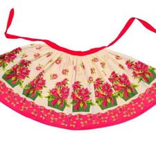 Vintage Christmas Apron Poinsettia Floral Print red Waist Ties Holiday Hostess picture