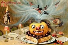 VINTAGE HALLOWEEN PUMPKIN, WITCH, DEVIL, BLACK CAT TUCK 4X6 POSTCARD REPRINT picture