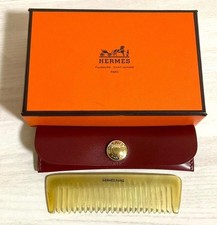 Hermes Paris Buffalo Horn Comb Red Leather Case Hair Accessory w/ Box Authentic picture