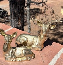 Vintage Solid Brass Spotted Buck and Doe Laying Deer Set picture