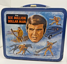 Vintage Six Million Dollar Man Metal Lunch Box Thermos 1974 crisp N0 RUST picture