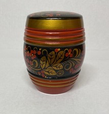 Vtg Russian USSR Khokhloma Jar w/ Lid Hand Painted Lacquer Wood Red Berries picture