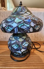 Vintage 2001 Tiffany Style Peacock Mushroom Lamp Double Lit Stained Glass 12” picture