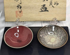 Japanese Kiyomizu Ware Pottery Sakazuki 2 Sake Cups with Box by Toshio Furukawa picture