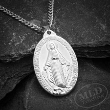 Stainless Steel St Mary Miraculous Medal Pendant Necklace – 1-3/4