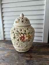 Vintage 3D Flowers Porcelain Temple Jar Urn Punch Hole Lid  picture