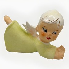 Vintage Japan Praying Angel Figurine Ceramic Bisque Reclining Cherub 3” Green picture