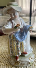 ANTQ CARL THIEM DRESDEN PORCELAIN GIRL W/ HAT & FLOWERS FIGURINE 5.25” Tall picture