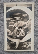 Vintage 1920s Paper Moon RPPC Postcard Couple Crescent Moon Studio Photo... picture