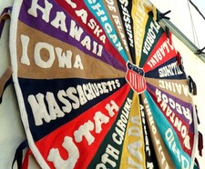 Vtg 20's 30's Souvenir 20 states pennants wheel circle hanging display wool felt picture