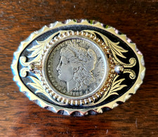 Vintage Real Morgan 1889 Silver Dollar Western Style Belt Buckle, Silver Tone picture