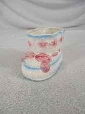 Relpo Baby Nursery Bootie Planter  Blue Pink White 1960 Pink Tie Ceramic Vintage picture