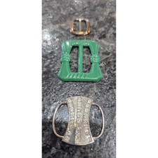 Antique 1930s Art Deco Metal Buckle Lot - Rhinestone Shield & Enameled Green Tin picture