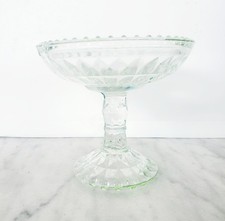VTG Jeanette Clear Slight Green Glass Pedestal Compote Candy Dish Diamond Block picture