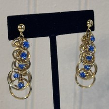 Gold Tone Chain Linked Blue Rhinestone Dangling Earrings Fashion Jewelry Pierced picture