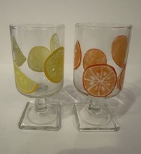 Retro Clear Stemmed Glass Juice Glasses w/ Yellow & Orange Enamel Fruit 1960s picture