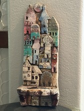 Vtg Handmade Ceramic Architectural Slab Sculpture Painted Cityscape 3D W/hanger picture