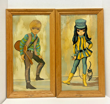 Rare Set MCM Vintage 1960s Big Eye Framed Go-Go Boy w/Guitar Girl w/ Cat picture