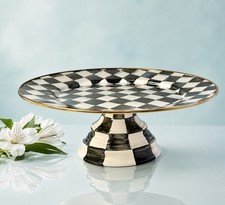 MacKenzie-Childs 2000s Pedestal Cake Stand Courtly Check Enamel Black White, 16” picture