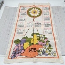 Vintage 1972 Linen Calendar Tea Towel Fruit Basket Daisies Clock Kitchen Decor picture