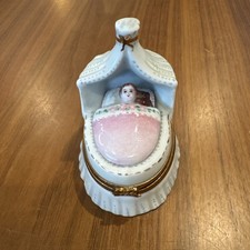 Limoges Peint Main Astoria Trinket Box Baby Girl with Teddy in Bassinet picture