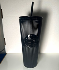 Starbucks Black Ribbed Tumbler Cup w/ Lid & Straw, Siren Logo 24oz picture