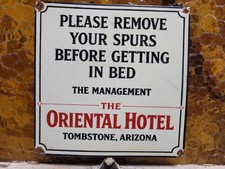 VINTAGE COWBOY PORCELAIN SIGN RARE OLD WESTERN ORIENTAL HOTEL BOOT SPURS ARIZONA picture