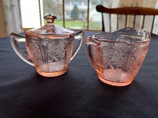 Vintage Jeannette-Cherry Blossom-Pink Depression Creamer & Lidded Sugar Bowl..A1 picture