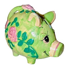 Vtg Pottery Piggy Bank Floral Holiday Fair Chalkware Green Pink Roses Flower Pig picture