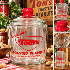 Vintage Tom’s Toasted Peanuts Glass Display Jar w Lid Red Logo Advertising picture